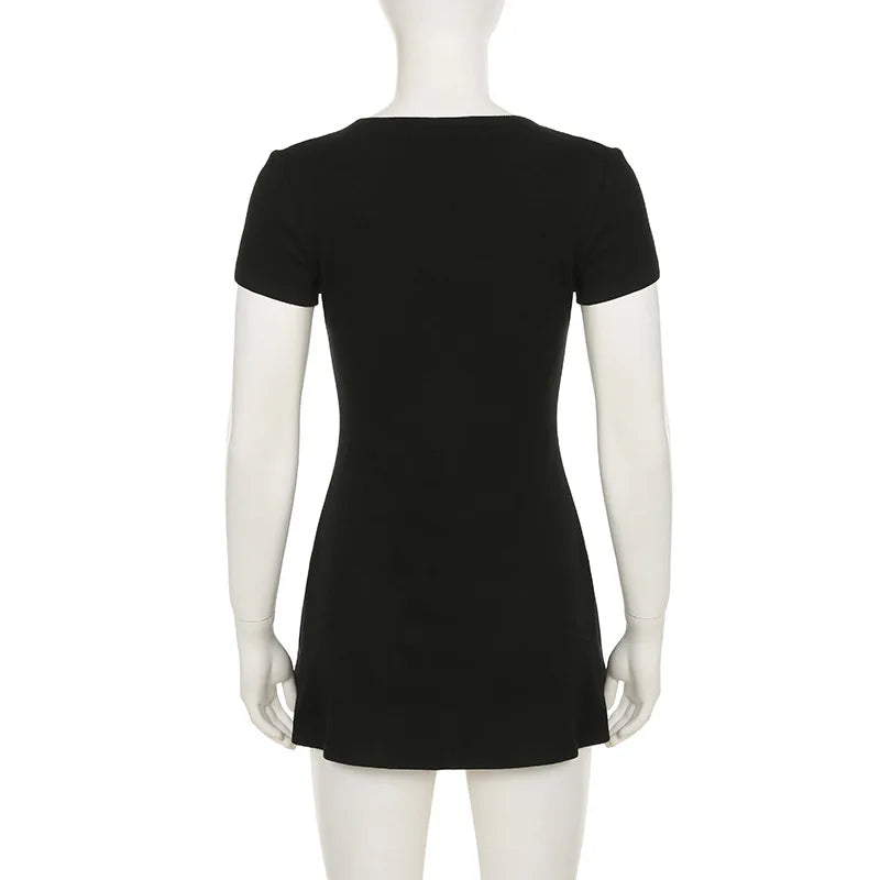 Novedad de verano, minivestido elegante de punto sin tirantes para mujer, vestidos de manga corta con cuello en V y botones, ropa de calle para mujer Ne
