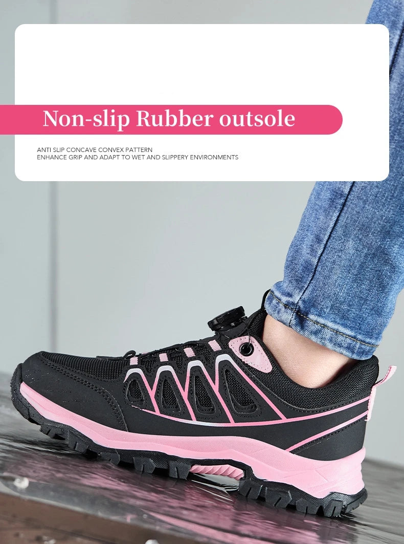 Zapatos de seguridad para el trabajo para mujer, zapatillas de trabajo con punta de acero, botón giratorio, transpirables, antideslizantes, protección a prueba de pinchazos, botas de seguridad rosas