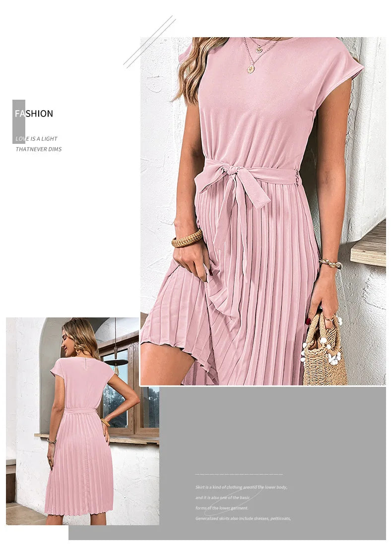 Vestido Midi plisado de manga corta para mujer, Túnica de cuello redondo, elegante, informal, Verano