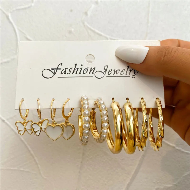 Conjunto de pendientes de aro bohemios de círculo grande para mujer, pendiente de perla Vintage bohemio de Color dorado, pendientes de circonita con forma de corazón, regalos de joyería