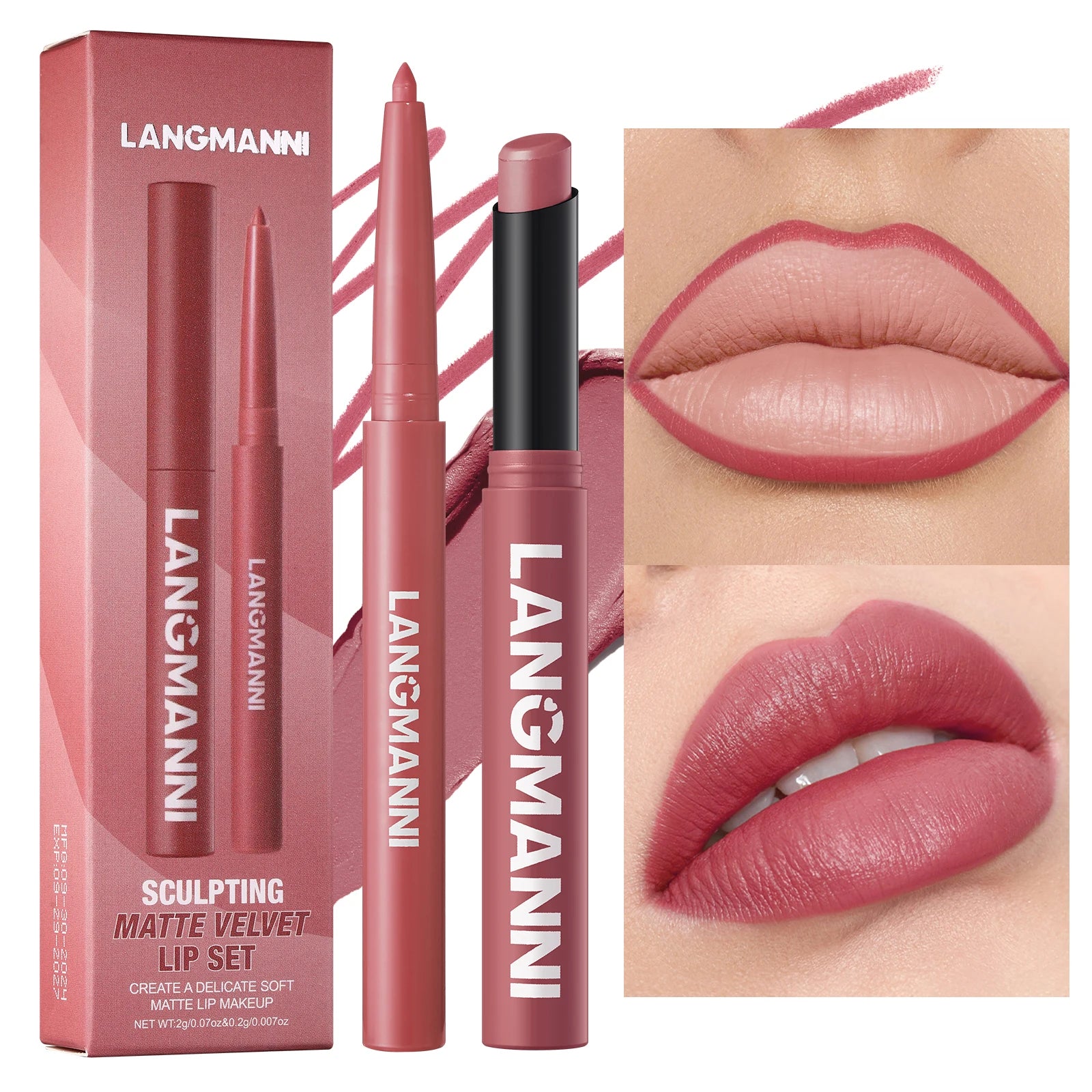 Delineador de labios impermeable integrado + juego de lápiz labial, sin manchas, sin desvanecimiento, sin taza, duradero, fácil de crear un maquillaje perfecto.