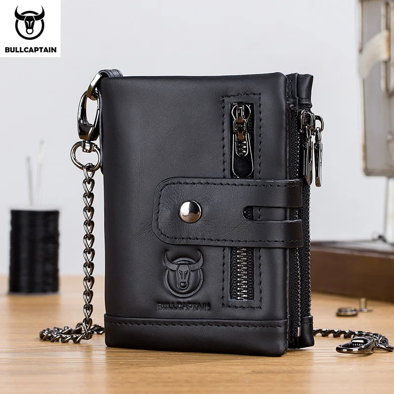 Cartera Bullcaptain de cuero genuino para hombre, monedero de viaje de calidad a la moda, protección Rfid, tarjetero Wollst para hombre con cadena