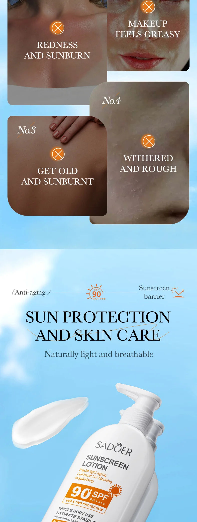 Loción solar súper 220ml con vitamina E para el cuerpo y la cara SPF 90 PA++++ Uso del cuerpo entero Protege + Hidratación