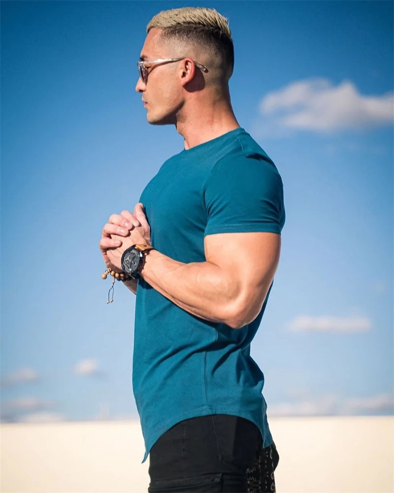 Camiseta de entrenamiento muscular, camiseta de manga corta de entrenamiento de verano para hombre, camiseta de fitness de algodón de alta calidad para hombre, camisetas de color sólido para gimnasio