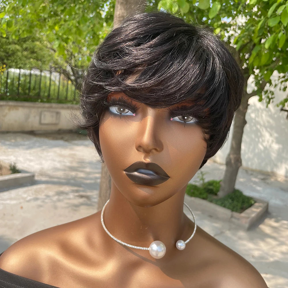 Peluca corta de corte Pixie, cabello humano para mujeres negras, pelucas hechas a máquina con flequillo, peluca corta, pelucas de cabello humano