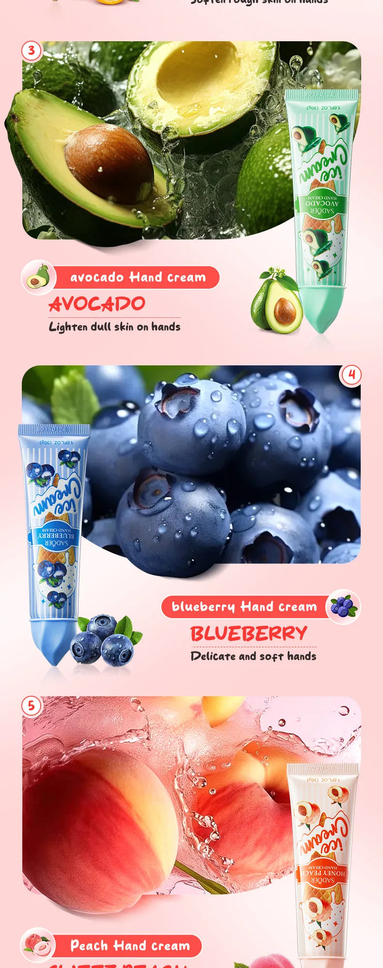 5 unids/set SADOER helado de frutas crema de manos hidratante nutritivo brillo cremas de manos hidratantes productos para el cuidado de la piel