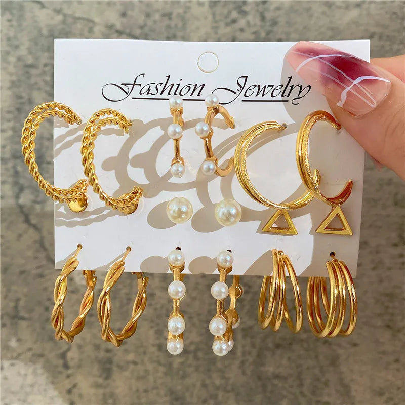 Conjunto de pendientes de aro bohemios de círculo grande para mujer, pendiente de perla Vintage bohemio de Color dorado, pendientes de circonita con forma de corazón, regalos de joyería