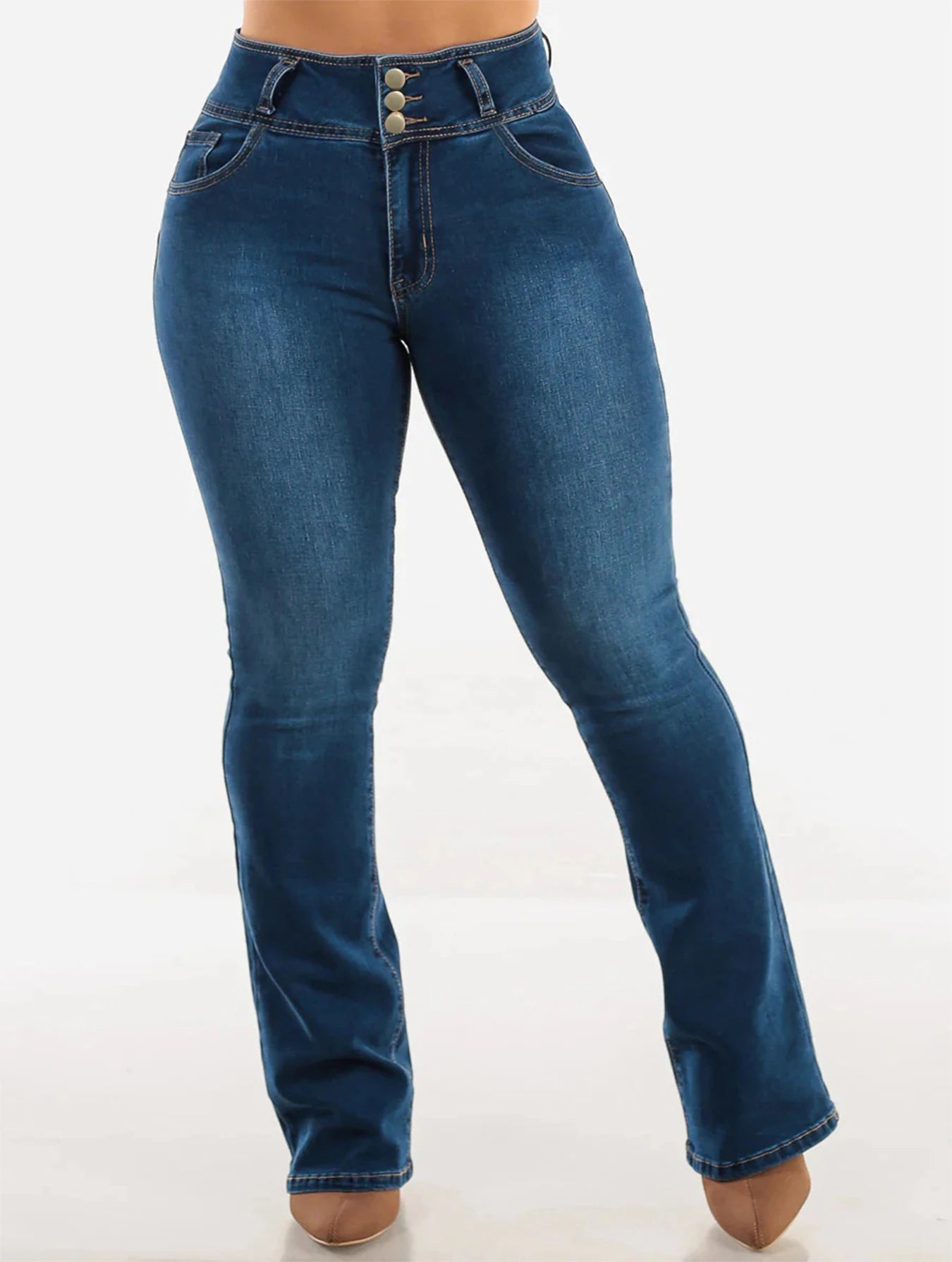 Apertura de cremallera abotonada, pantalones vaqueros mini acampanados elegantes y sexys, adelgazantes, de cintura alta, azules, lavables, que mejoran las nalgas