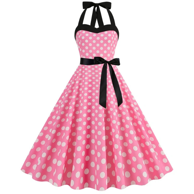 Elegante Vestido de Mujer con Estampado de Puntos, Estilo Hepburn de los Años 50 y 60, Vestido Vintage Sexy con Cuello Halter, Estilo Rockabilly Retro para Fiesta u Oficina, Vestido Pinup 2026