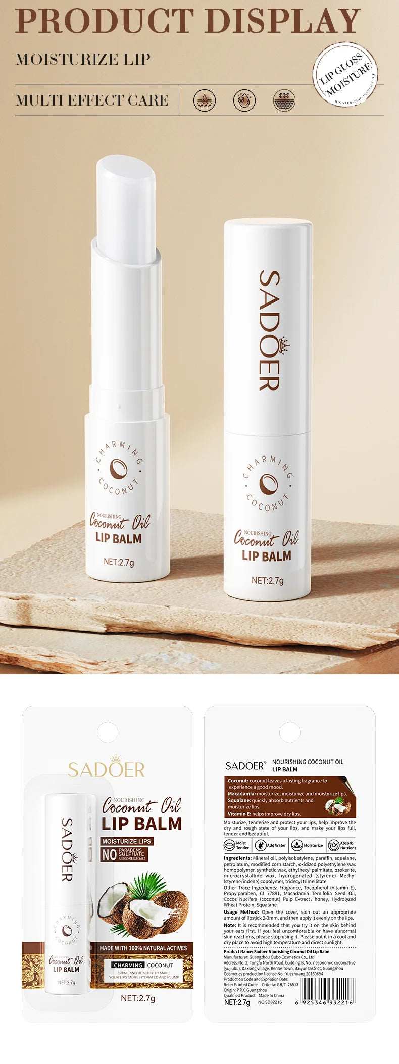 Bálsamo labial de coco - Nutrimento y humedad duraderos para hombres y mujeres - Bálsamo labial para el cuidado diario