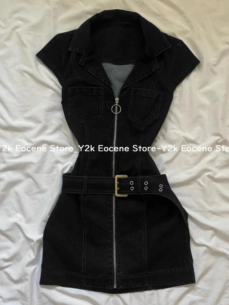 Vestido corto vaquero negro Retro americano para mujer, vestido elegante ajustado de una pieza con cremallera de verano, ropa informal de diseño de moda coreana