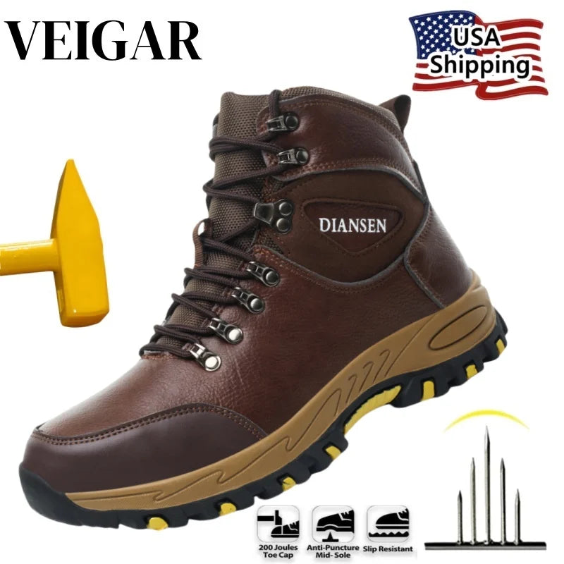 Botas de seguridad de trabajo indestructibles de cuero impermeables para hombre, botas militares para exteriores, zapatos industriales antigolpes y antipinchazos para hombre