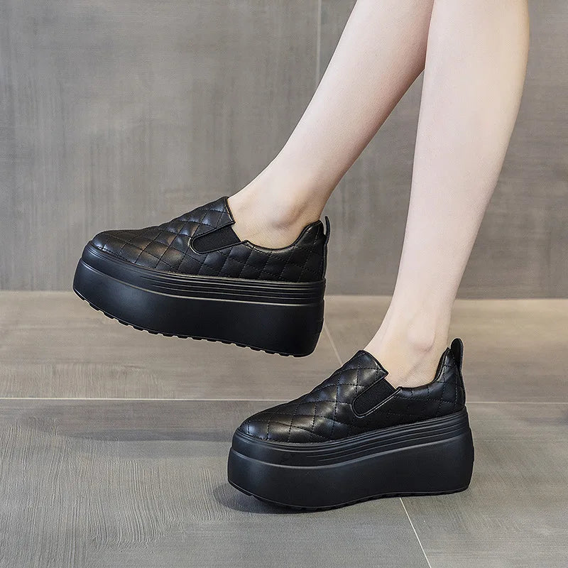 2025 zapatos de cuña de plataforma primavera otoño cabeza redonda Color sólido zapatillas gruesas Casual Slip on mocasines femeninos