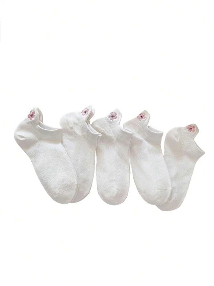 5 pares de calcetines cortos de dibujos animados para mujer, calcetines bonitos y versátiles a la moda con patrón de flores, calcetines transpirables suaves e informales que absorben el sudor