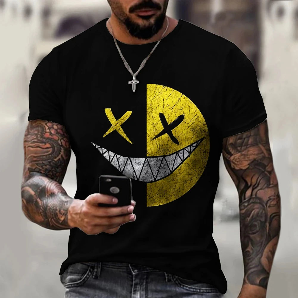 Camiseta de gran tamaño para hombre, pantalón corto informal de manga Hip Hop con estampado de cara sonriente, camiseta de talla grande, Jersey, camiseta para hombre 2024