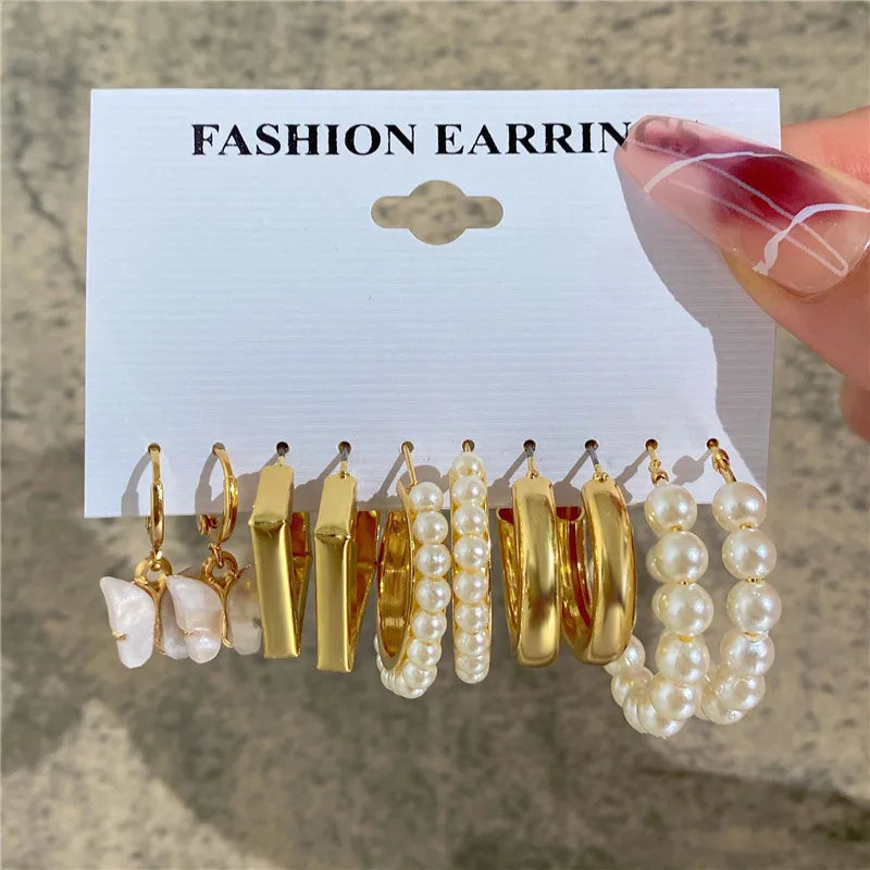 Conjunto de pendientes de aro bohemios de círculo grande para mujer, pendiente de perla Vintage bohemio de Color dorado, pendientes de circonita con forma de corazón, regalos de joyería