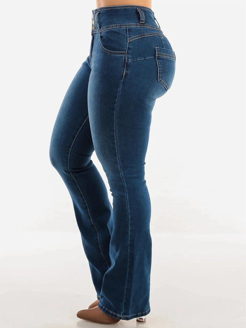 Apertura de cremallera abotonada, pantalones vaqueros mini acampanados elegantes y sexys, adelgazantes, de cintura alta, azules, lavables, que mejoran las nalgas