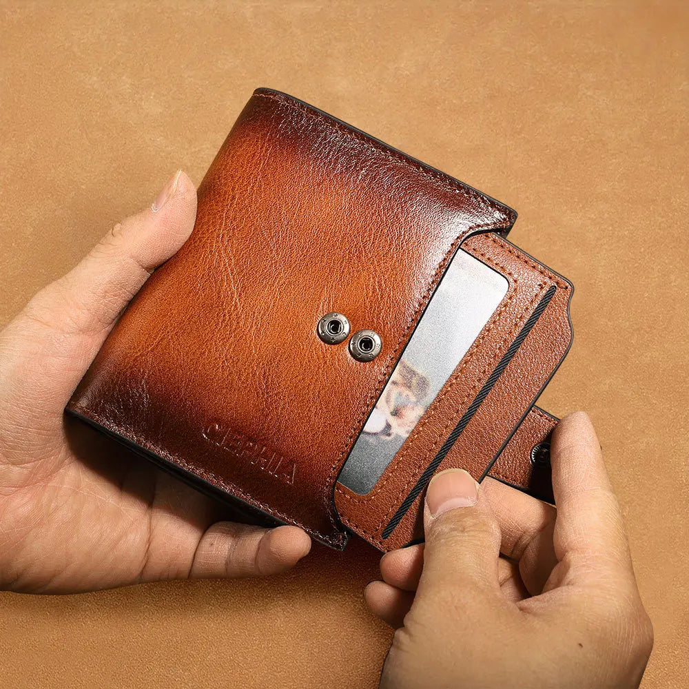 CIEPHIA Cartera Retro de cuero genuino para hombre, monedero antirrobo con cremallera, capa superior de piel de vaca, uso diario informal de negocios