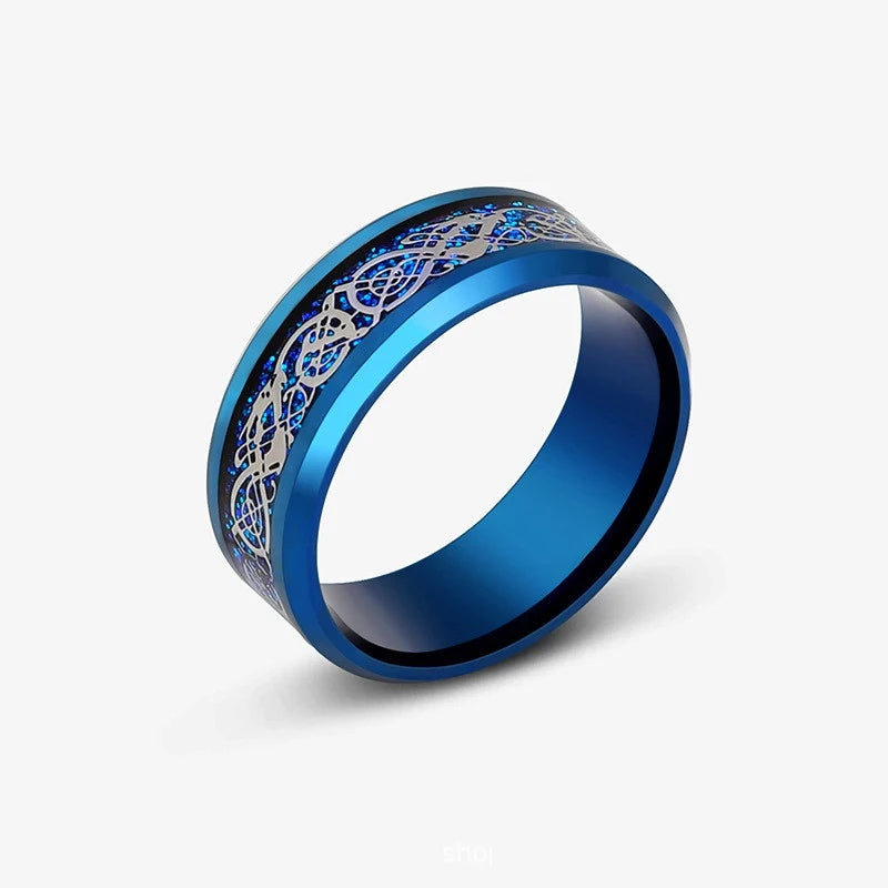 Anillos con diseño de dragón dominante de acero inoxidable de 8mm para hombres y mujeres, anillo Punk con incrustaciones de fibra de carbono azul, bagues pour femme
