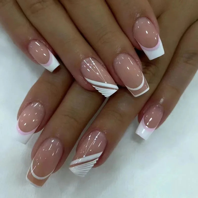 Dulce francés 24 Uds. De uñas postizas degradadas rosas, manicura de dedos artificiales brillantes, uñas postizas reutilizables para mujeres