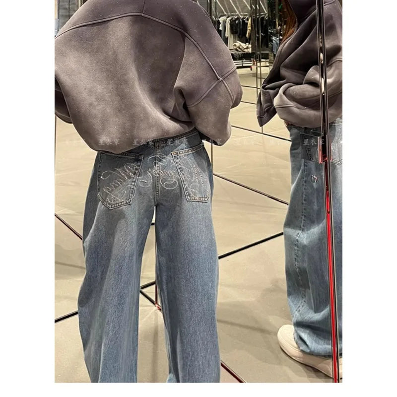 Pantalones vaqueros holgados de pierna ancha para mujer, pantalones informales, diseño Retro Vintage, estilo americano, moda de gran tamaño desgastada elegante