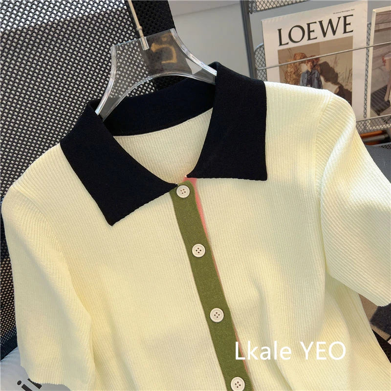 Primavera Verano 2025 diseño Sense Polo cuello mujer camiseta Casual cómoda Color contrastante Be All-match señoras Top de punto