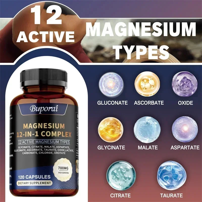 Complejo de magnesio 12 en 1: apoya la salud del corazón y del hueso, ayuda a la relajación, mejora la fuerza muscular y aumenta la inmunidad