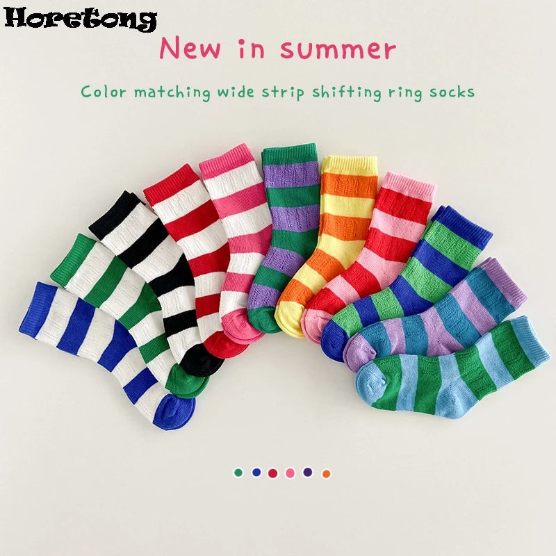 Horetong, 3 par/lote, calcetines de verano para niños de 1 a 12 años, calcetines de algodón a la moda para bebés, calcetines transpirables a rayas con contraste de colores