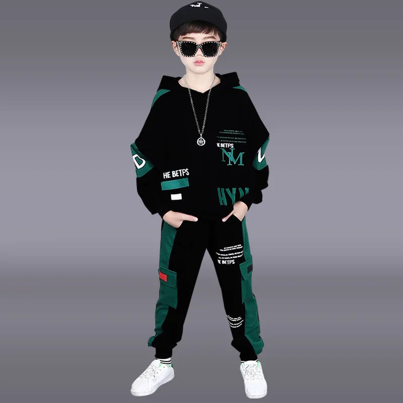 Conjunto Deportivo para Niños Primavera-Invierno 2026, Sudadera con Capucha y Letras + Pantalones con Cordón, Tallas 8, 10, 11, 12 Años