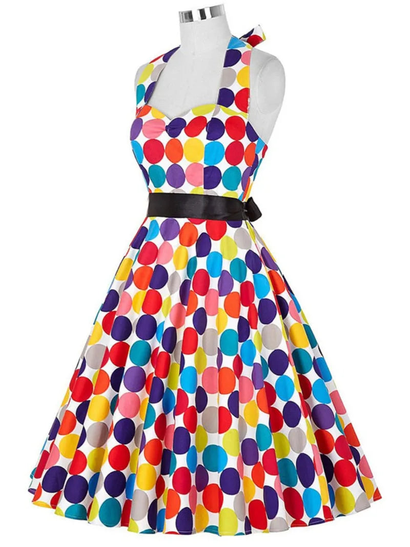 Elegante Vestido de Mujer con Estampado de Puntos, Estilo Hepburn de los Años 50 y 60, Vestido Vintage Sexy con Cuello Halter, Estilo Rockabilly Retro para Fiesta u Oficina, Vestido Pinup 2026