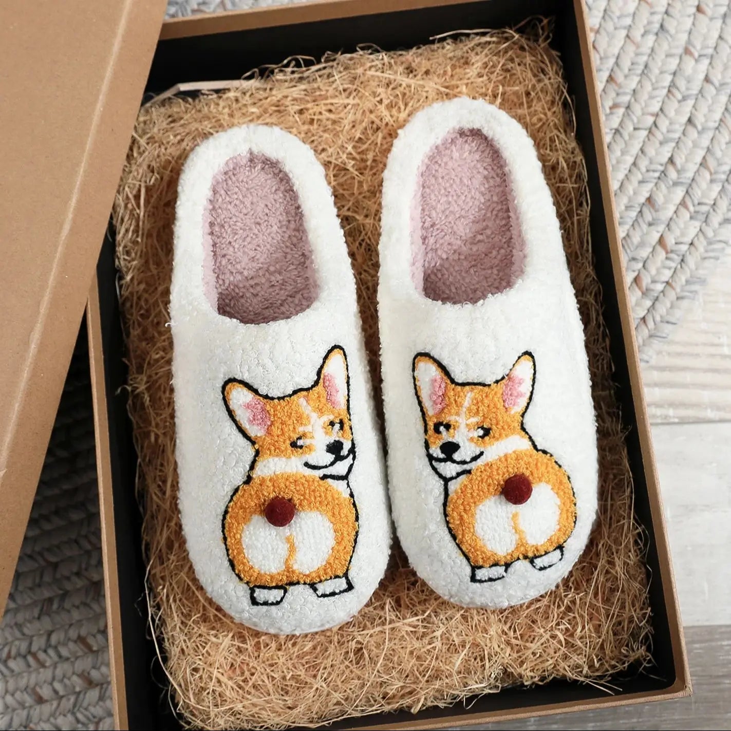 Pantuflas de algodón afelpadas y cómodas con suela gruesa, bordadas con patrón de perro Corgi, cálidas, antideslizantes, para interiores, regalo para amantes de los perros, unisex