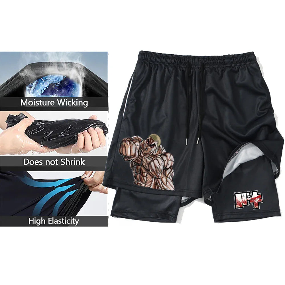 Conjunto de compresión con estampado 3D de Anime para hombre, Top de gimnasio de manga corta + pantalones cortos de entrenamiento, conjunto de protección contra sarpullidos transpirable de secado rápido