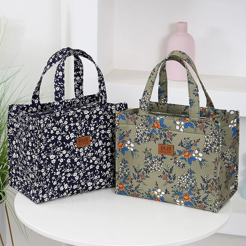 Bolso de mano grueso de gran capacidad con estampado de nailon de nuevo estilo, bolsa de almacenamiento para fiambrera semicerrada con cremallera portátil de trabajo, bolsa bento