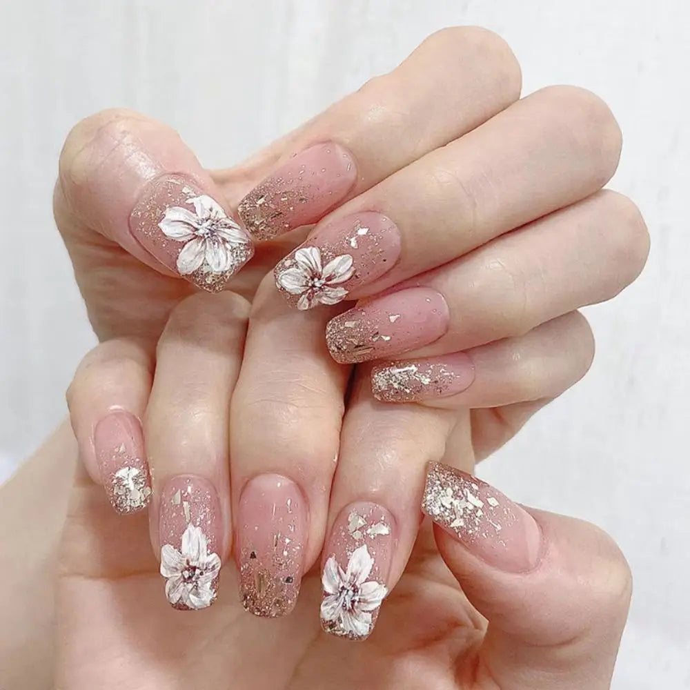 24 Uñas Postizas Degradadas Francesas Estilo Bailarina, Resistentes al Agua, Forma Ataúd Mediano, Uñas Falsas, Puntas de Uñas a Presión