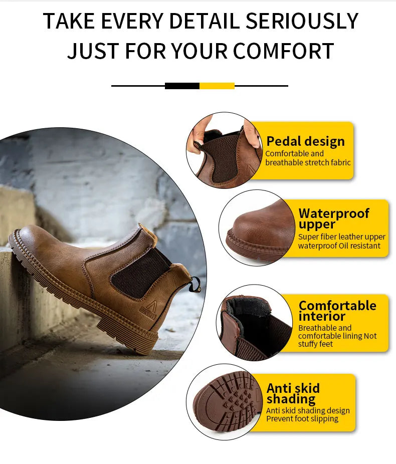 Botas de trabajo Lerther para hombre, zapatos de seguridad indestructibles, zapatillas de trabajo a prueba de pinchazos con punta de acero, zapatos de trabajo para hombre