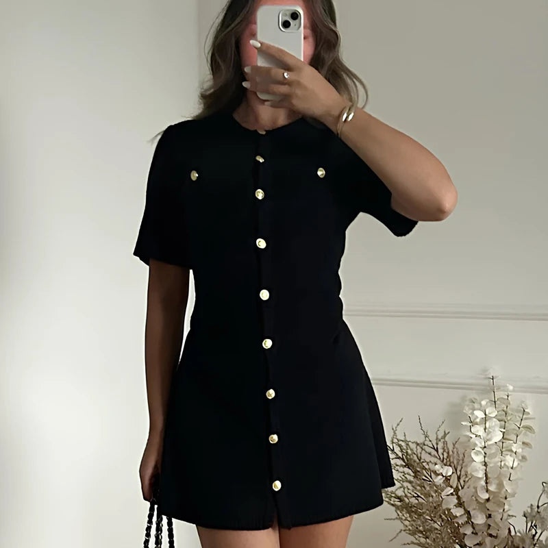 Minivestido blanco elegante de punto para mujer, suéter Sexy ajustado con botones de Metal, trajes de fiesta de vacaciones, otoño 2024