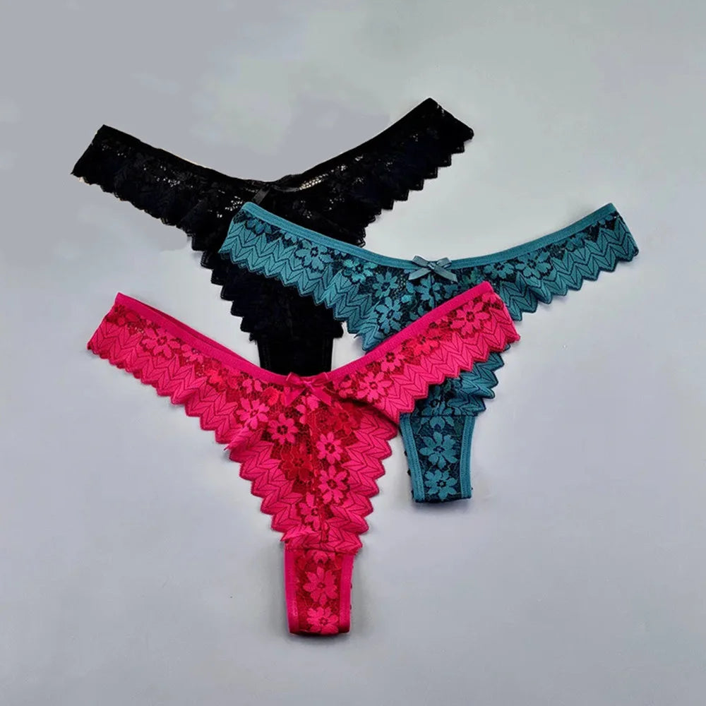 Paquete de 3 tangas de encaje para mujer, ropa interior transparente de cintura media, bragas femeninas con volantes, tallas grandes
