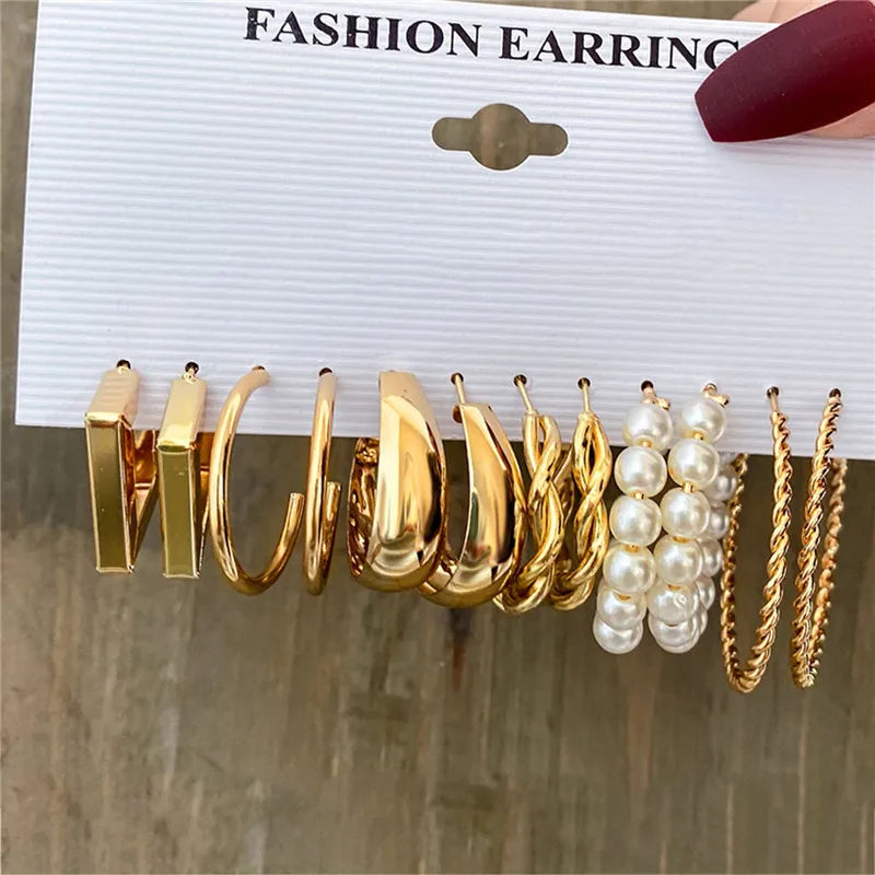 Conjunto de pendientes de aro bohemios de círculo grande para mujer, pendiente de perla Vintage bohemio de Color dorado, pendientes de circonita con forma de corazón, regalos de joyería