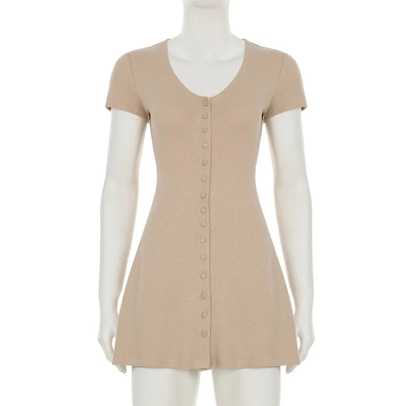 Novedad de verano, minivestido elegante de punto sin tirantes para mujer, vestidos de manga corta con cuello en V y botones, ropa de calle para mujer Ne
