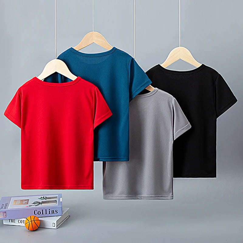 Paquete de 1/4 de verano para niños, deportes de secado rápido, manga corta, Color sólido, Joker, camisa informal de talla grande, camiseta para correr para niños y niñas