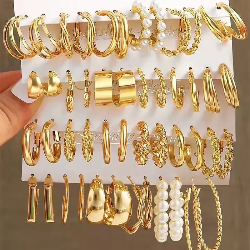 6/24 pares de pendientes de aro Vintage de Color dorado para mujer y niña, pendientes giratorios de Metal geométricos con perlas de imitación, joyería de moda