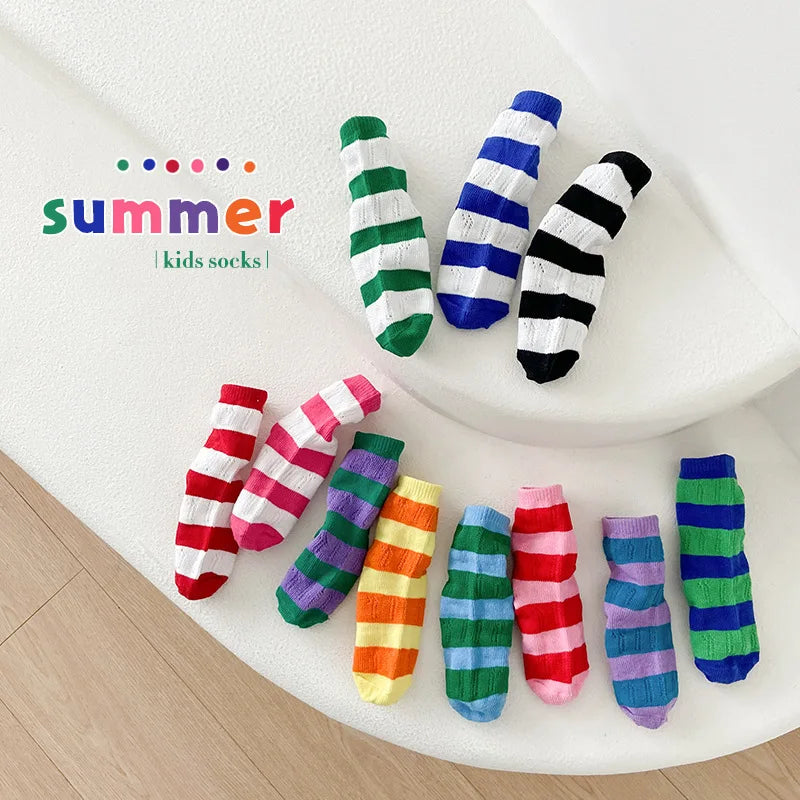 Horetong, 3 par/lote, calcetines de verano para niños de 1 a 12 años, calcetines de algodón a la moda para bebés, calcetines transpirables a rayas con contraste de colores