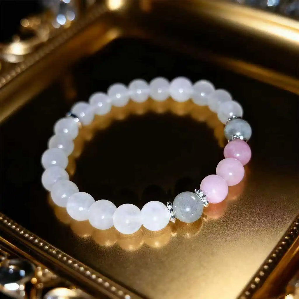 1 unidad/pulsera de jade blanco claro de luna, labradorita y cuarzo rosa calma, espiritual, nuevos principiantes, energía positiva, protección Stre