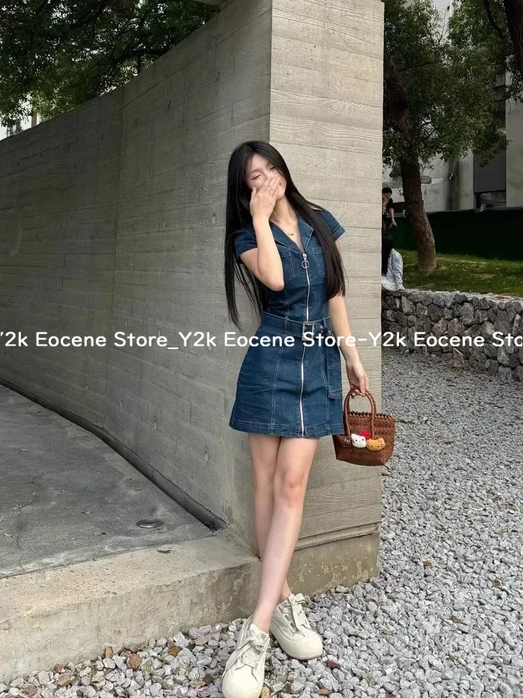 Vestido corto vaquero negro Retro americano para mujer, vestido elegante ajustado de una pieza con cremallera de verano, ropa informal de diseño de moda coreana