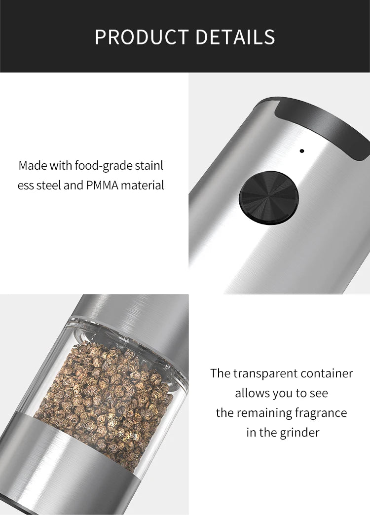 Molinillo Eléctrico automático de pimienta y sal con luz LED, molinillo ajustable sin aspereza, herramientas de cocina