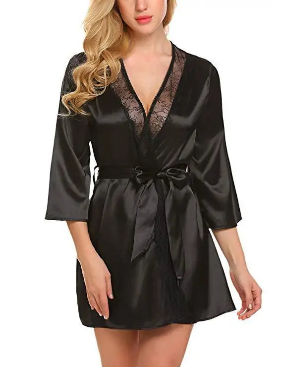 Bata de satén de encaje Sexy para mujer, ropa de dormir, camisón corto, Kimono, albornoz, lencería, camisón, vestido suave y cómodo negro de talla grande