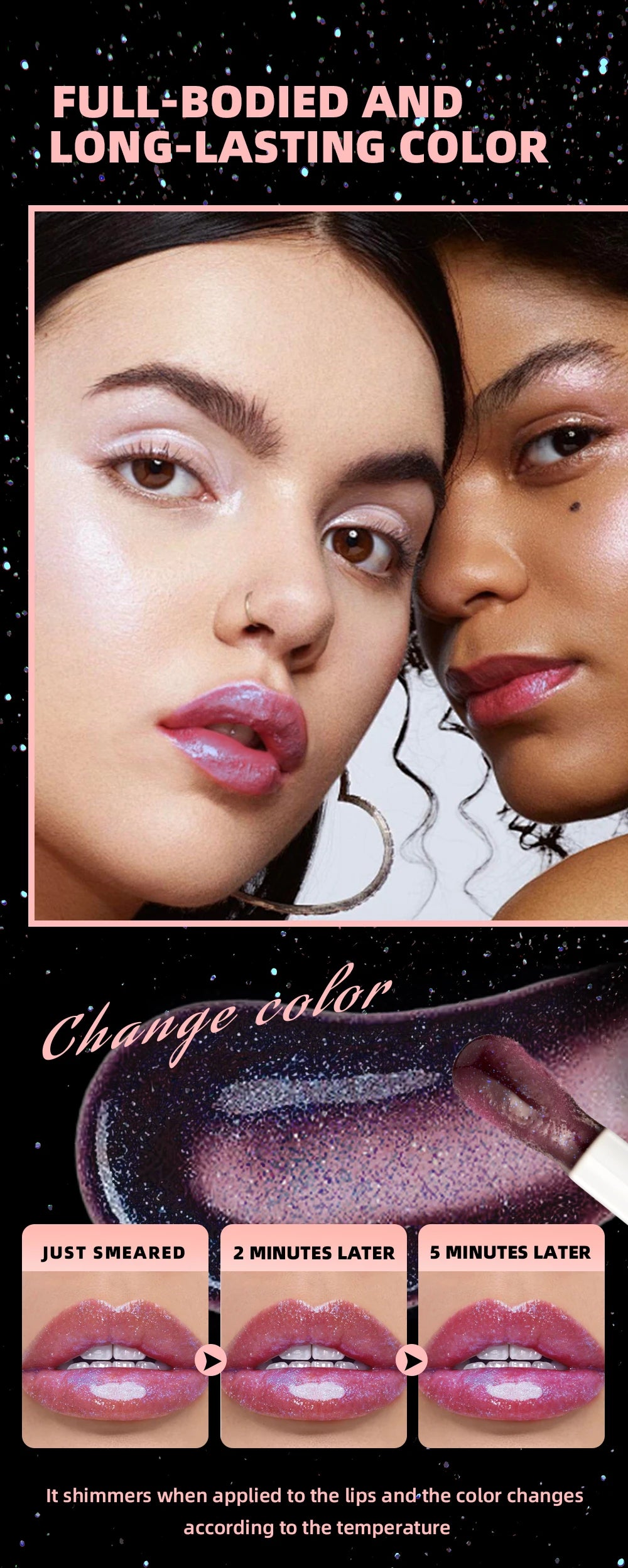 Brillo Labial QIBEST con Efecto Espejo, Hidratante, Cambia de Color, Bálsamo Labial Brillante, Voluminizador, Tinte Labial Diamante de Larga Duración