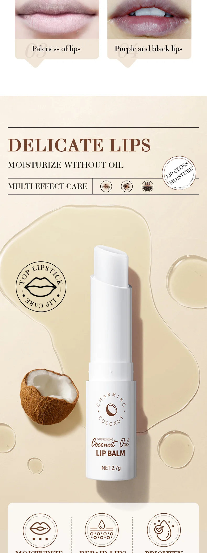 Bálsamo labial de coco - Nutrimento y humedad duraderos para hombres y mujeres - Bálsamo labial para el cuidado diario
