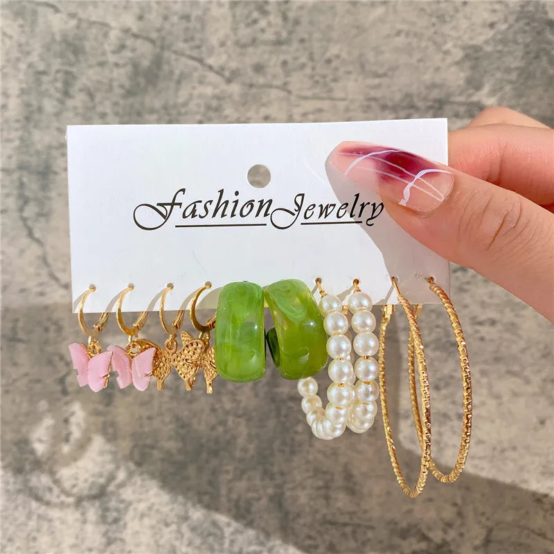Conjunto de pendientes de aro bohemios de círculo grande para mujer, pendiente de perla Vintage bohemio de Color dorado, pendientes de circonita con forma de corazón, regalos de joyería