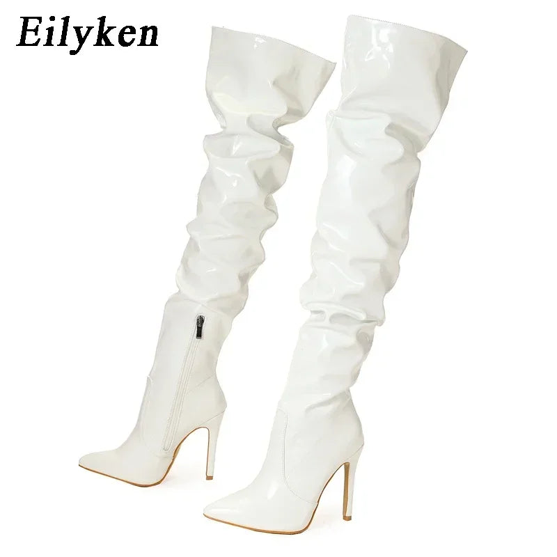 Eilyken-Botas por encima de la rodilla plisadas de charol para mujer, zapatos hasta el muslo con cremallera y punta estrecha, a la moda, alta calidad